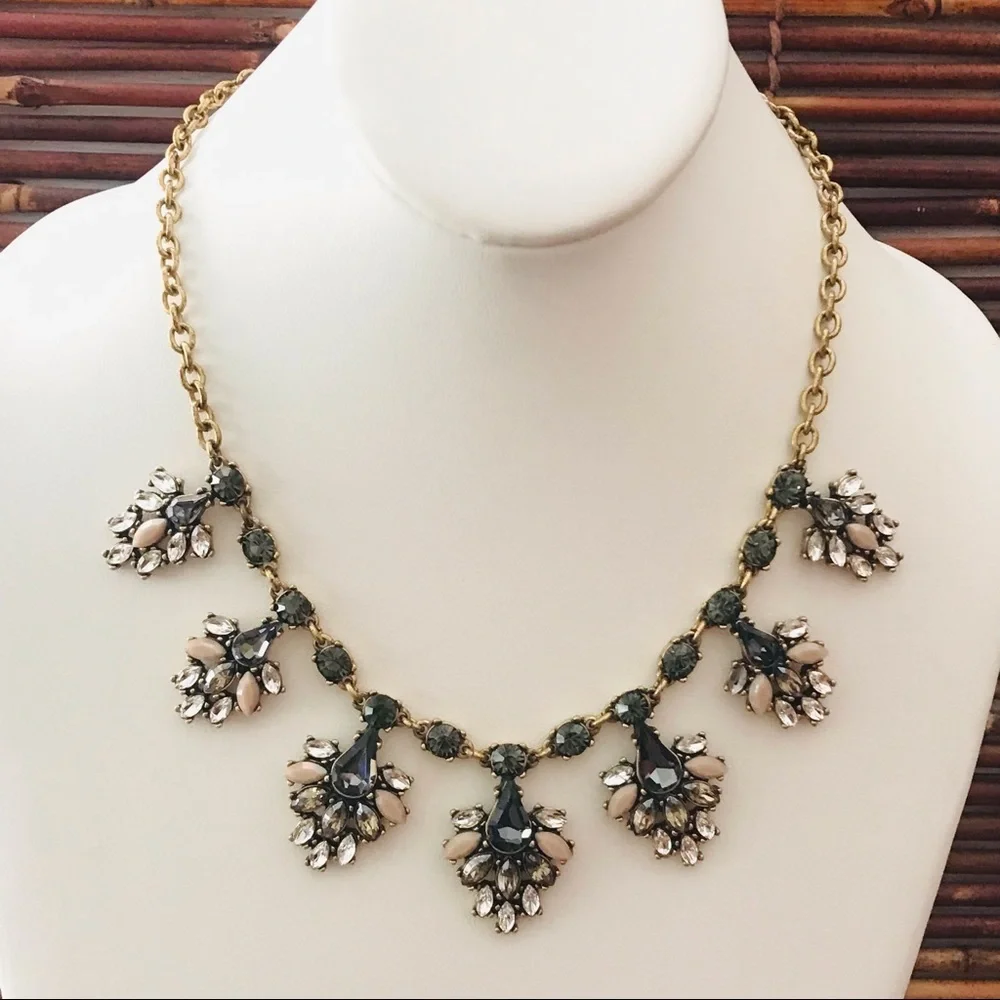 J. Crew Bewjeweled Rhinestone Gold Tone Floral Necklace